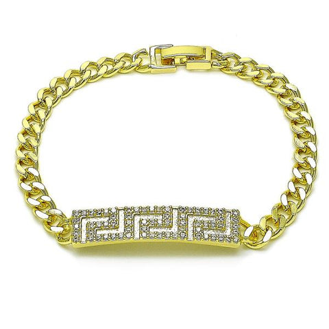 Pulsera con Placa 03.411.0054.08 Oro Laminado, Diseño de Llave Griega y Miami Cubana, Diseño de Llave Griega, con Zirconia Cubica Blanca, Pulido, Dorado