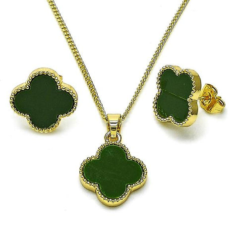 Juego de Arete y Dije de Adulto 10.283.0021.3 Oro Laminado, Diseño de Trebol de Cuatro Hojas, con Madre Perla Verde, Pulido, Dorado