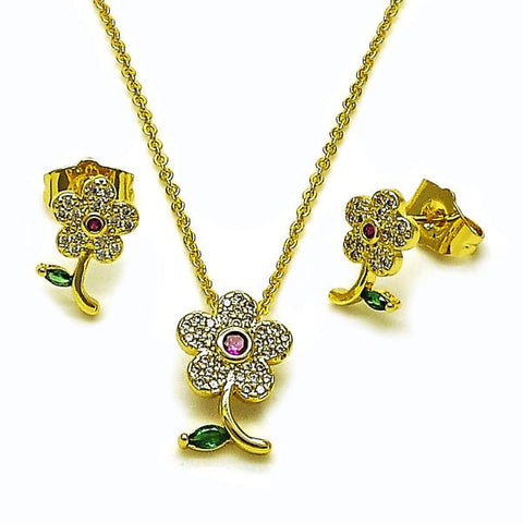 Juego de Arete y Dije de Adulto 10.156.0534 Oro Laminado, Diseño de Flor, con Micro Pave Blanca y Zirconia CubicaRubi, Pulido, Dorado