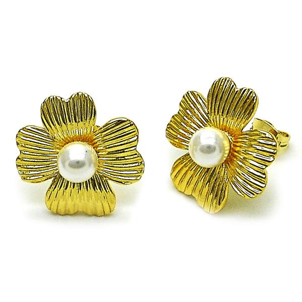 Arete Dormilona 02.282.0054 Oro Laminado, Diseño de Flor, con Perla Marfil, Diamantado, Dorado