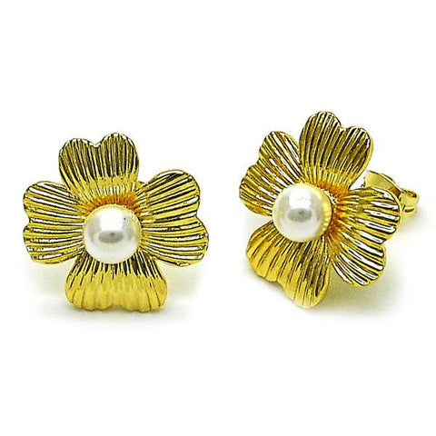 Arete Dormilona 02.282.0054 Oro Laminado, Diseño de Flor, con Perla Marfil, Diamantado, Dorado