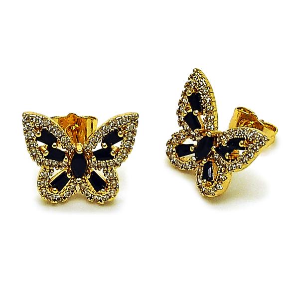 Arete Dormilona 02.344.0180.2 Oro Laminado, Diseño de Mariposa y Baguette, Diseño de Mariposa, con Zirconia Cubica Negro y Blanca, Pulido, Dorado