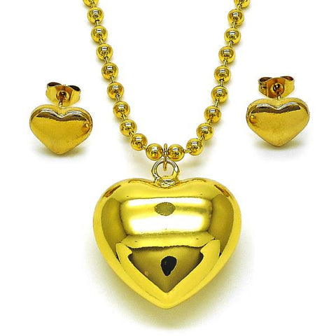 Juego de Arete y Dije de Adulto 10.417.0009 Oro Laminado, Diseño de Corazon y Hueco, Diseño de Corazon, Pulido, Dorado