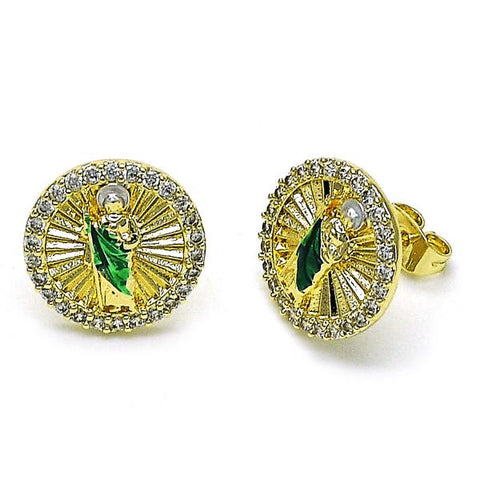 Arete Dormilona 02.411.0002 Oro Laminado, Diseño de San Judas, con Micro Pave Blanca, Pulido, Tricolor