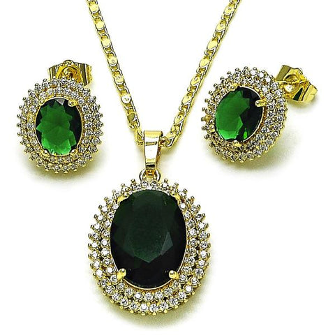 Juego de Arete y Dije de Adulto 10.196.0189.1 Oro Laminado, Diseño de Cluster, con Zirconia Cubica Verde y Blanca, Pulido, Dorado