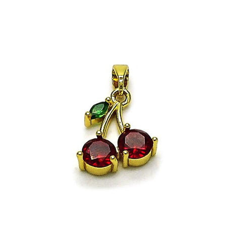 Dije Elegante 05.313.0001 Oro Laminado, Diseño de Cereza, con Zirconia Cubica Granate y Verde, Pulido, Dorado