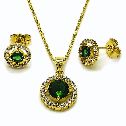 Juego de Arete y Dije de Adulto 10.156.0540 Oro Laminado, Diseño de Cluster, con Zirconia Cubica Verde y Blanca, Pulido, Dorado