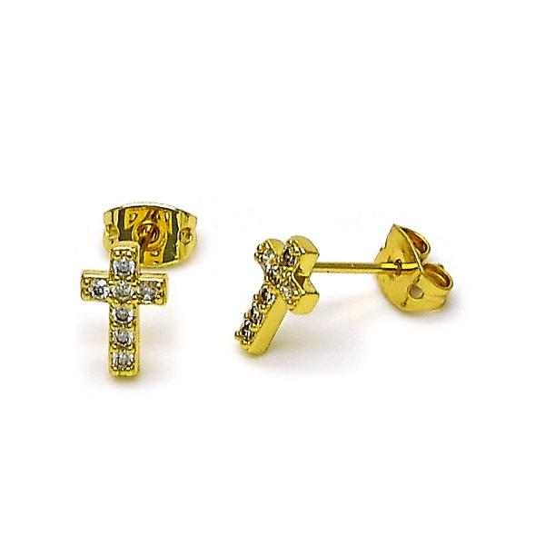 Arete Dormilona 02.341.0222 Oro Laminado, Diseño de Cruz, con Micro Pave Blanca, Pulido, Dorado