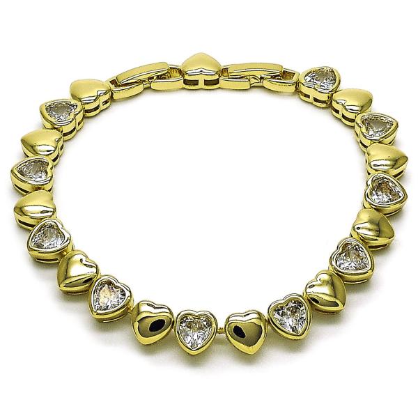 Pulsera Tennis 03.213.0335.08 Oro Laminado, Diseño de Corazon, con Zirconia Cubica Blanca, Pulido, Dorado