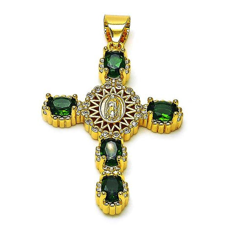 Dije Religioso 05.342.0226.1 Oro Laminado, Diseño de Cruz y Guadalupe, Diseño de Cruz, con Zirconia Cubica Verde y Blanca, Pulido, Dorado