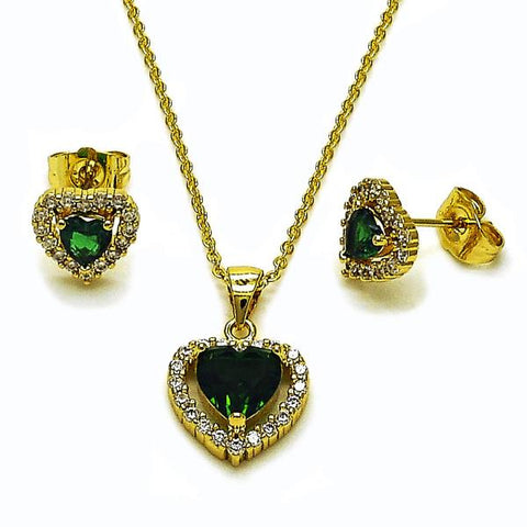 Juego de Arete y Dije de Adulto 10.156.0539 Oro Laminado, Diseño de Corazon y Cluster, Diseño de Corazon, con Zirconia Cubica Verde y Blanca, Pulido, Dorado