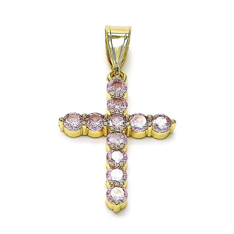 Dije Religioso 05.253.0183.5 Oro Laminado, Diseño de Cruz, con Zirconia Cubica Rosado, Pulido, Dorado