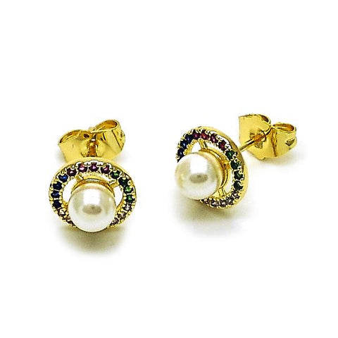 Arete Dormilona 02.196.0241 Oro Laminado, Diseño de Cluster y Bola, Diseño de Cluster, con Perla Marfil y Micro PaveMulticolor, Pulido, Dorado