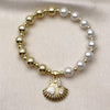 Pulsera Elegante 03.341.2294.07 Oro Laminado, Diseño de Bead Expandible y Concha, Diseño de Bead Expandible, con Perla Marfil y Zirconia CubicaBlanca, Esmaltado Blanco, Dorado