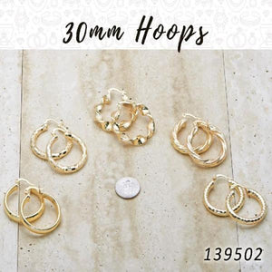 Kit Surtido de 30 Pares de Argollas de 30 mm de Oro Laminado al por mayor — SKU 139502