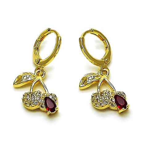 Arete Colgante 02.323.0096 Oro Laminado, Diseño de Cereza, con Zirconia Cubica Granate y Micro PaveBlanca, Pulido, Dorado