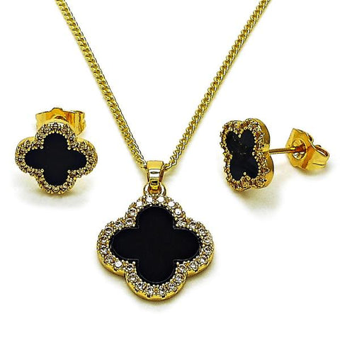 Juego de Arete y Dije de Adulto 10.283.0023 Oro Laminado, Diseño de Trebol de Cuatro Hojas, con Micro Pave Negro y Zirconia CubicaBlanca, Pulido, Dorado