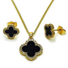 Juego de Arete y Dije de Adulto 10.283.0023 Oro Laminado, Diseño de Trebol de Cuatro Hojas, con Micro Pave Negro y Zirconia CubicaBlanca, Pulido, Dorado