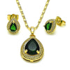 Juego de Arete y Dije de Adulto 10.196.0159.1 Oro Laminado, Diseño de Gota y Cluster, Diseño de Gota, con Zirconia Cubica Verde y Micro PaveBlanca, Pulido, Dorado