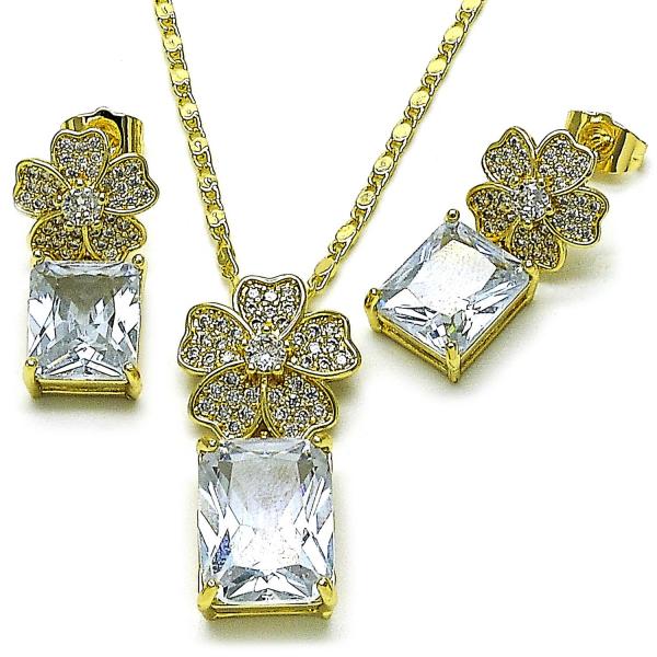 Juego de Arete y Dije de Adulto 10.196.0190 Oro Laminado, Diseño de Flor, con Zirconia Cubica Blanca y Micro PaveBlanca, Pulido, Dorado