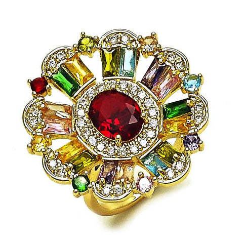 Anillo Multi Piedra 01.266.0072 Oro Laminado, Diseño de Cluster, con Zirconia Cubica Multicolor y Granate, Pulido, Dorado