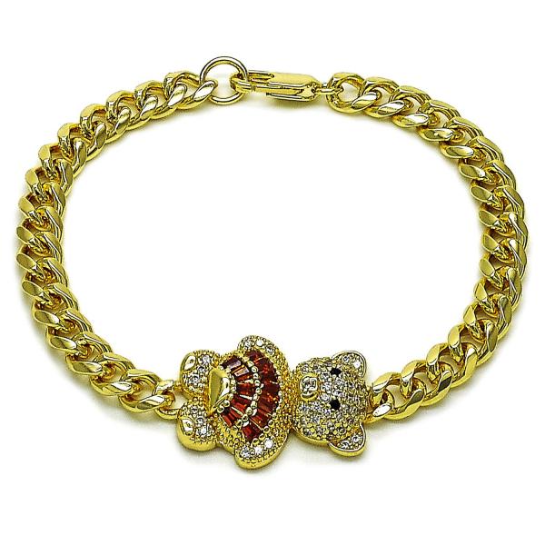 Pulsera Elegante 03.284.0061.1.07 Oro Laminado, Diseño de Osito y Miami Cubana, Diseño de Osito, con Zirconia Cubica Granate y Micro PaveBlanca, Pulido, Dorado