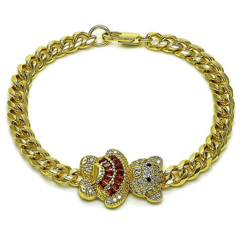 Pulsera Elegante 03.284.0061.1.07 Oro Laminado, Diseño de Osito y Miami Cubana, Diseño de Osito, con Zirconia Cubica Granate y Micro PaveBlanca, Pulido, Dorado
