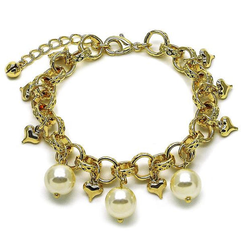 Pulsera de Dije 03.331.0331.08 Oro Laminado, Diseño de Rolo y Bola, Diseño de Rolo, con Perla Marfil, Pulido, Dorado