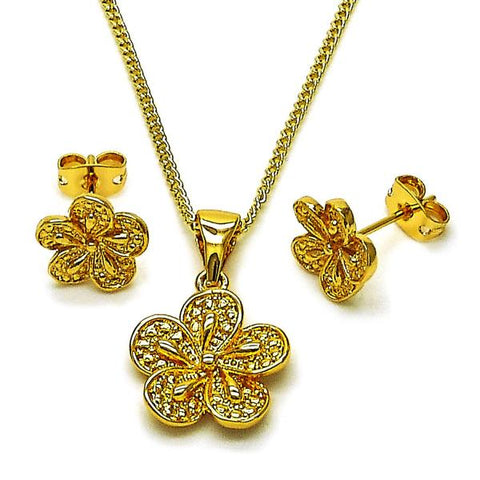 Juego de Arete y Dije de Adulto 10.342.0258 Oro Laminado, Diseño de Flor, Pulido, Dorado