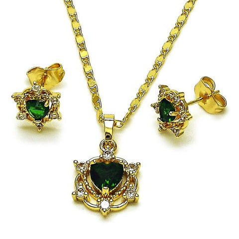 Juego de Arete y Dije de Adulto 10.196.0177 Oro Laminado, Diseño de Corazon y Cluster, Diseño de Corazon, con Zirconia Cubica Verde y Blanca, Pulido, Dorado