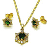 Juego de Arete y Dije de Adulto 10.196.0177 Oro Laminado, Diseño de Corazon y Cluster, Diseño de Corazon, con Zirconia Cubica Verde y Blanca, Pulido, Dorado