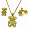 Juego de Arete y Dije de Adulto 10.156.0541 Oro Laminado, Diseño de Osito y Corazon, Diseño de Osito, con Micro Pave Blanca, Pulido, Dorado