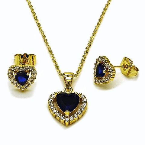 Juego de Arete y Dije de Adulto 10.156.0539.2 Oro Laminado, Diseño de Corazon y Cluster, Diseño de Corazon, con Zirconia Cubica Zafiro Azul y Blanca, Pulido, Dorado