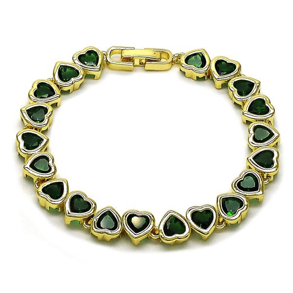 Pulsera Tennis 03.284.0058.2.07 Oro Laminado, Diseño de Corazon, con Zirconia Cubica Verde, Pulido, Dorado