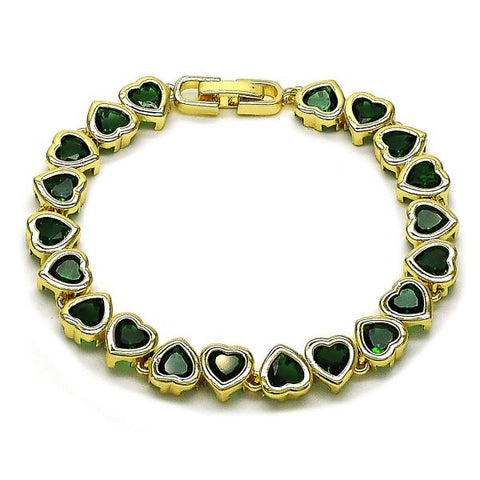 Pulsera Tennis 03.284.0058.2.07 Oro Laminado, Diseño de Corazon, con Zirconia Cubica Verde, Pulido, Dorado