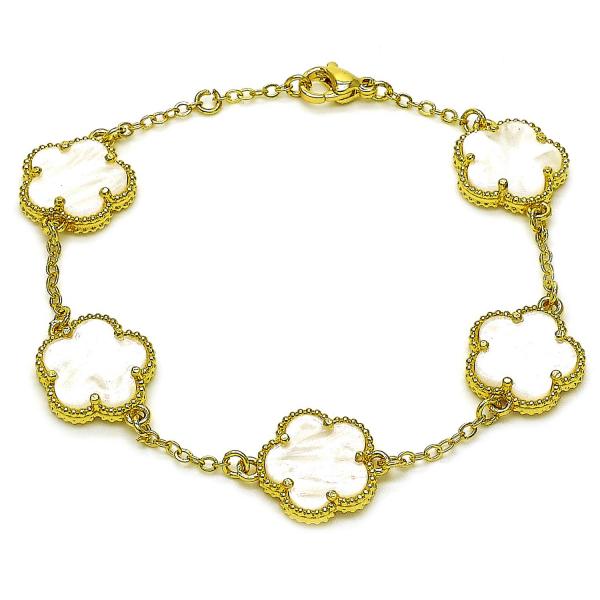 Pulsera Elegante 03.313.0043.08 Oro Laminado, Diseño de Flor y Rolo, Diseño de Flor, con Madre Perla Marfil, Pulido, Dorado