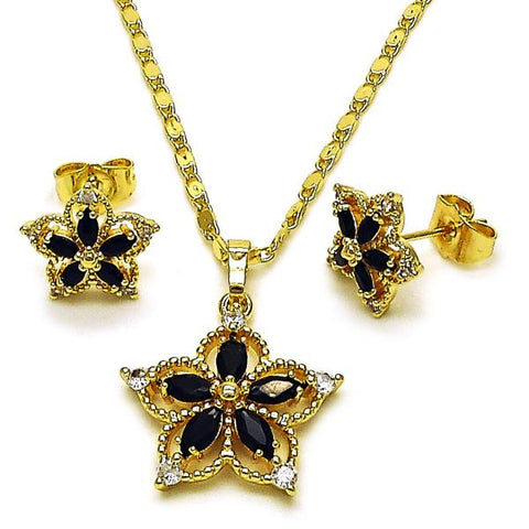 Juego de Arete y Dije de Adulto 10.196.0185 Oro Laminado, Diseño de Flor, con Zirconia Cubica Negro, Pulido, Dorado