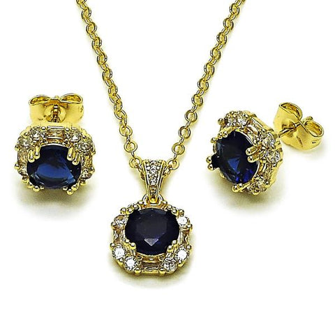 Juego de Arete y Dije de Adulto 10.196.0196 Oro Laminado, Diseño de Cluster y Baguette, Diseño de Cluster, con Zirconia Cubica Zafiro Azul y Blanca, Pulido, Dorado