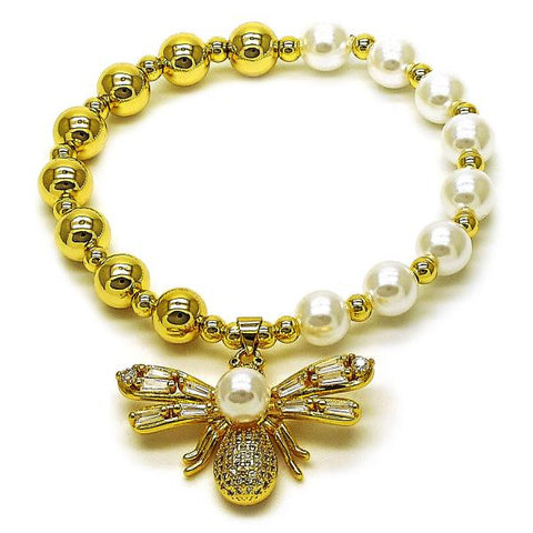 Pulsera Elegante 03.341.0254.07 Oro Laminado, Diseño de Abeja y Bead Expandible, Diseño de Abeja, con Perla Marfil y Zirconia CubicaBlanca, Pulido, Dorado