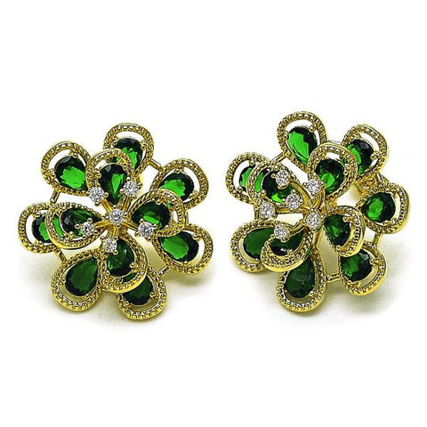 Arete Dormilona 02.436.0002 Oro Laminado, Diseño de Flor y Gota, Diseño de Flor, con Zirconia Cubica Verde y Blanca, Diamantado, Dorado