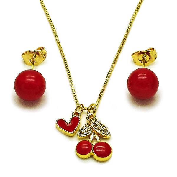 Juego de Arete y Dije de Adulto 10.417.0029 Oro Laminado, Diseño de Cereza y Corazon, Diseño de Cereza, con Micro Pave Blanca, Esmaltado Rojo, Dorado