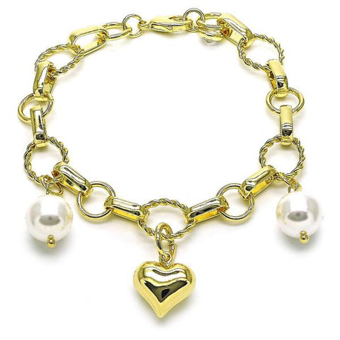 Pulsera de Dije 03.331.0259.08 Oro Laminado, Diseño de Corazon y Bola, Diseño de Corazon, con Perla Marfil y Zirconia CubicaBlanca, Pulido, Dorado