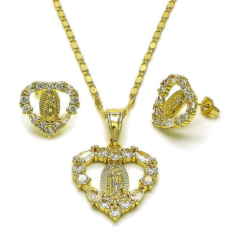 Juego de Arete y Dije de Adulto 10.411.0010 Oro Laminado, Diseño de Corazon y Guadalupe, Diseño de Corazon, con Zirconia Cubica Blanca, Pulido, Dorado