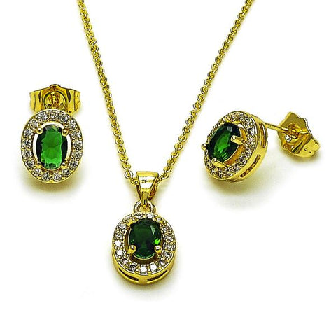 Juego de Arete y Dije de Adulto 10.156.0532 Oro Laminado, Diseño de Cluster, con Zirconia Cubica Verde y Micro PaveBlanca, Pulido, Dorado