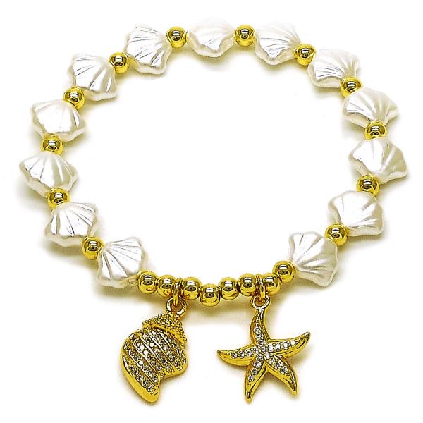 Pulsera Elegante 03.341.0259.07 Oro Laminado, Diseño de Estrella y Caracol, Diseño de Estrella, con Perla Marfil y Micro PaveBlanca, Pulido, Dorado