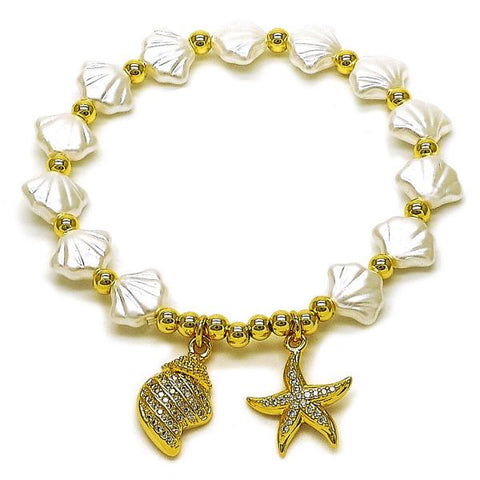 Pulsera Elegante 03.341.0259.07 Oro Laminado, Diseño de Estrella y Caracol, Diseño de Estrella, con Perla Marfil y Micro PaveBlanca, Pulido, Dorado