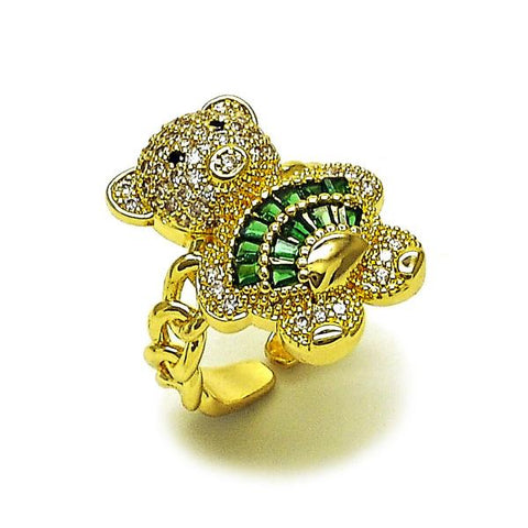 Anillo Multi Piedra 01.284.0108.3 Oro Laminado, Diseño de Osito y Baguette, Diseño de Osito, con Zirconia Cubica Verde y Micro PaveBlanca, Pulido, Dorado