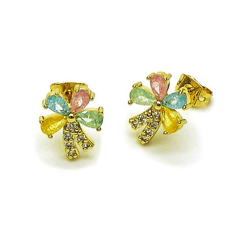 Arete Dormilona 02.213.0840 Oro Laminado, Diseño de Flor, con Zirconia Cubica Multicolor y Blanca, Pulido, Dorado