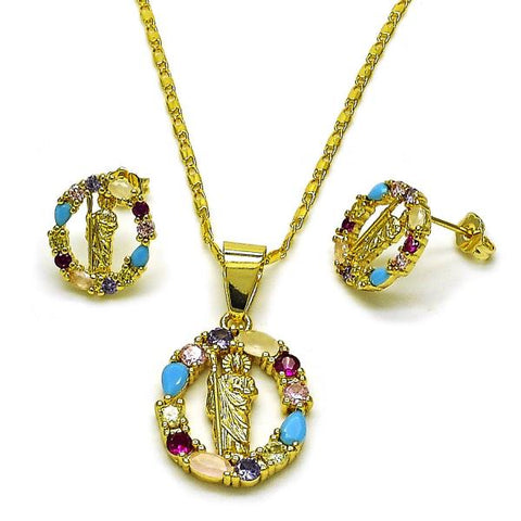 Juego de Arete y Dije de Adulto 10.411.0013.1 Oro Laminado, Diseño de San Judas, con Zirconia Cubica Multicolor, Pulido, Dorado