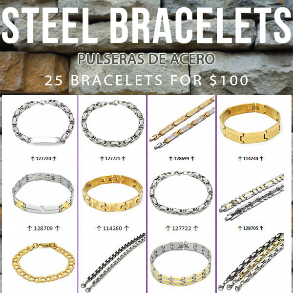 Kit Surtido de 25 Pulseras para Hombre de Acero al por mayor — SKU 132094